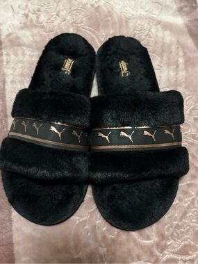 Puma Black Faux Fur Slide Slippers with Rose Gold Logo Trim